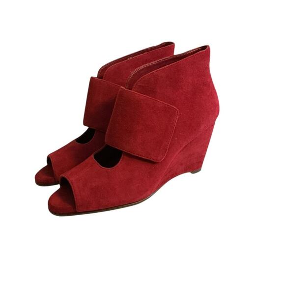 Aerosoles Boots Womens 9.5 M Sound Wave Wedge Ankle Booties Red Leather Peep Toe - Picture 8 of 14